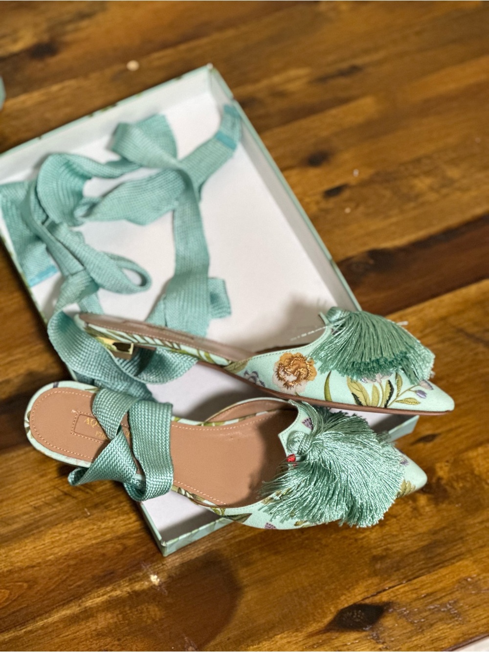 Mint Tassel Pointed-Toe Lace-Up Flats